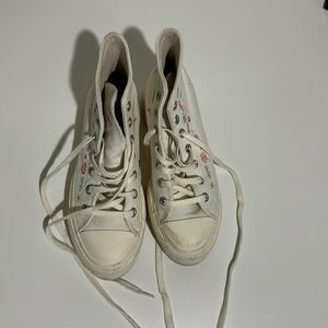 Off White High Top Platform Converse with Embroidered Flower Details